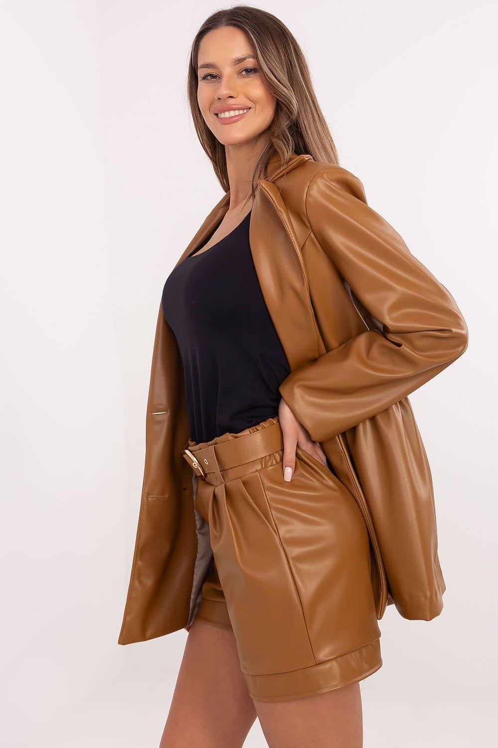 Eco Leather Shorts High Waist Buckled - ShalayeFashion
