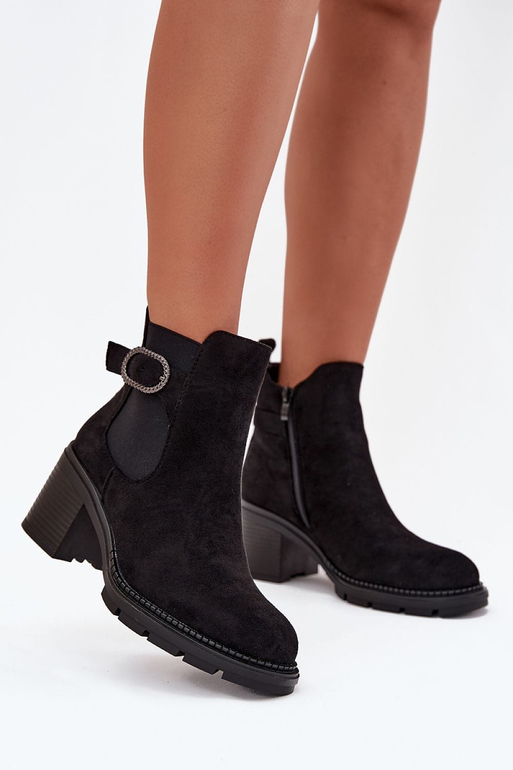 Eco Suede Column Heel Boots Women Buckle - ShalayeFashion