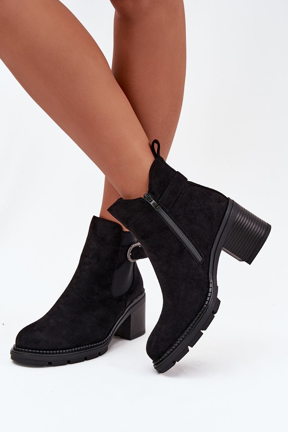 Eco Suede Column Heel Boots Women Buckle - ShalayeFashion