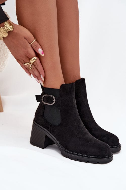 Eco Suede Column Heel Boots Women Buckle - ShalayeFashion