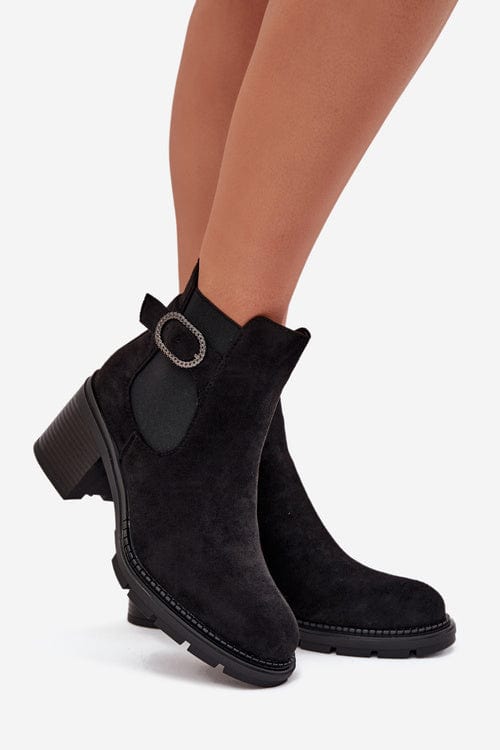 Eco Suede Column Heel Boots Women Buckle - ShalayeFashion