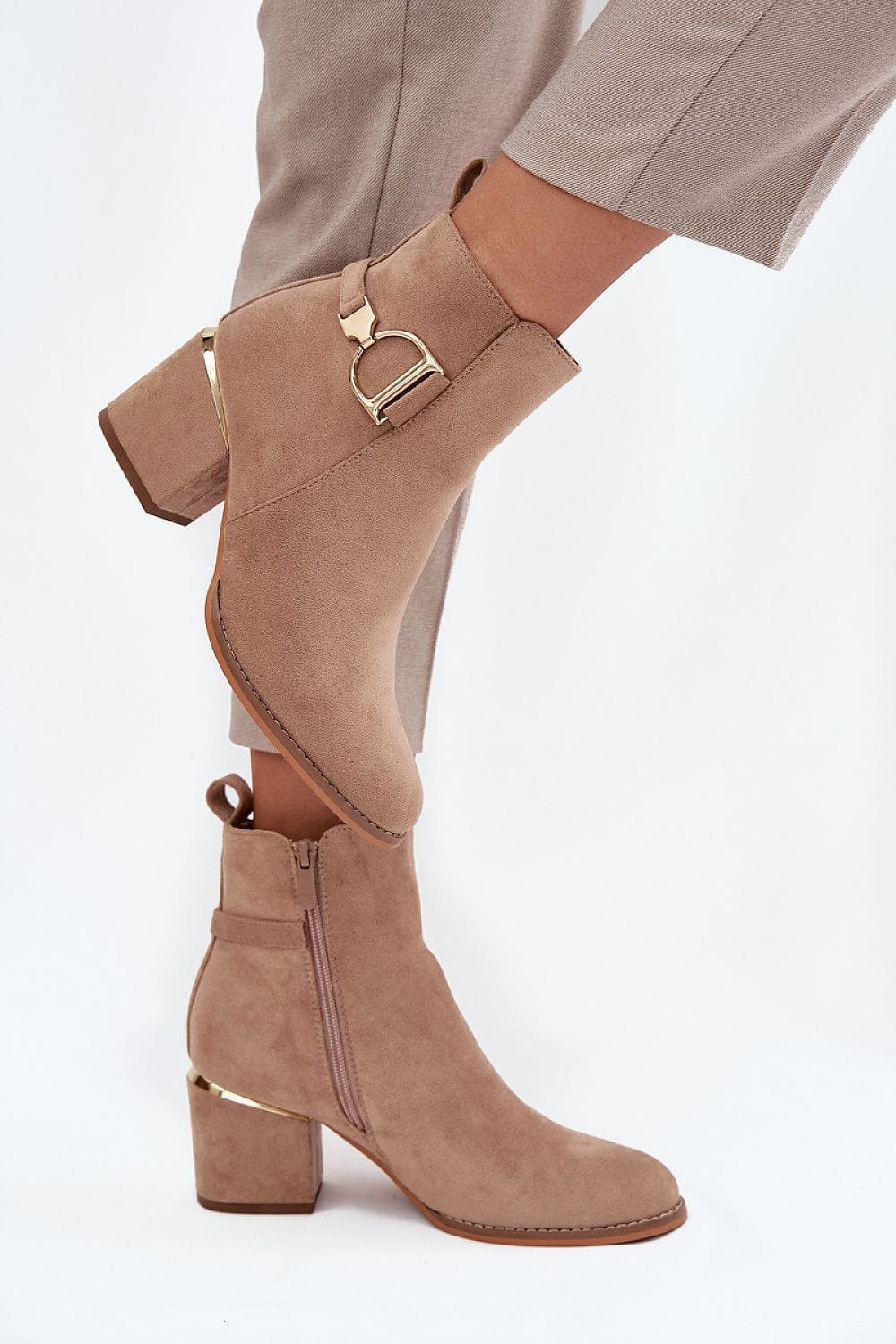 Eco Suede Column Heel Boots Women Gold - ShalayeFashion