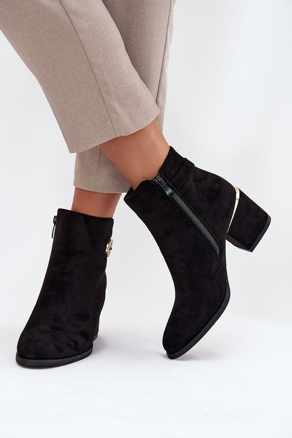 Eco Suede Gold Detail Boots Women Block - ShalayeFashion