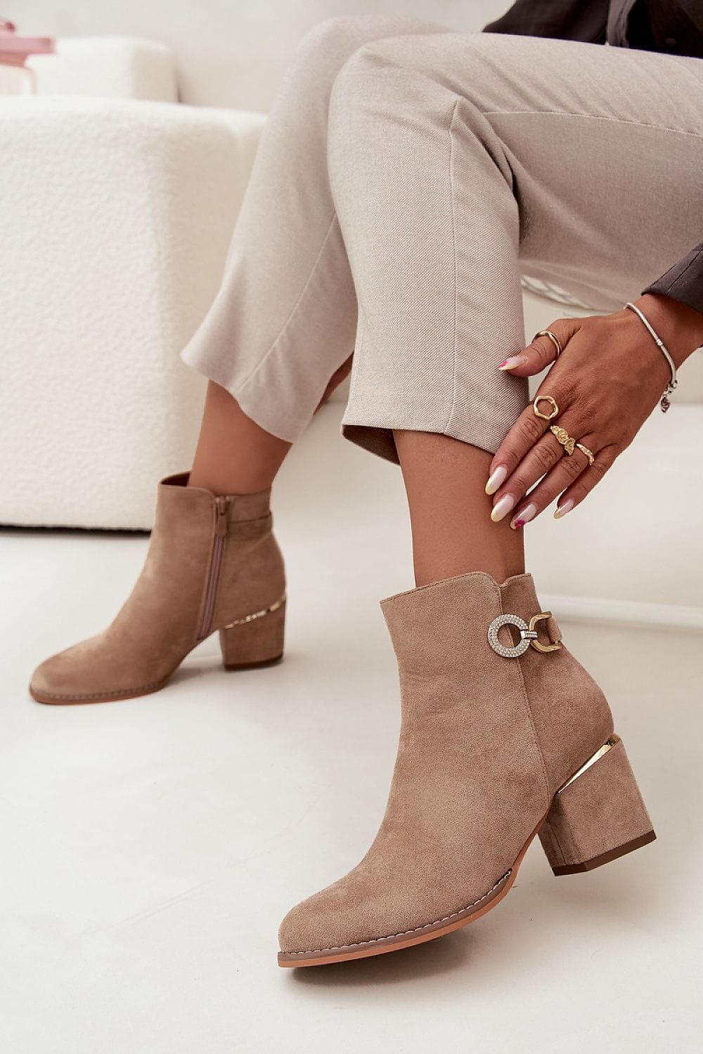 Eco Suede Gold Detail Boots Women Block - ShalayeFashion