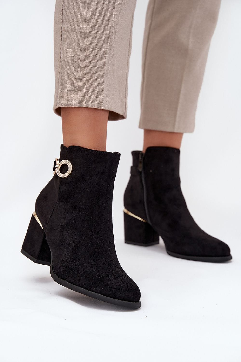 Eco Suede Gold Detail Boots Women Block - ShalayeFashion