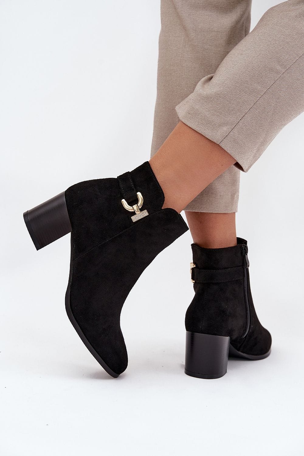 Eco Suede Golden Detail Heel Boots Women - ShalayeFashion