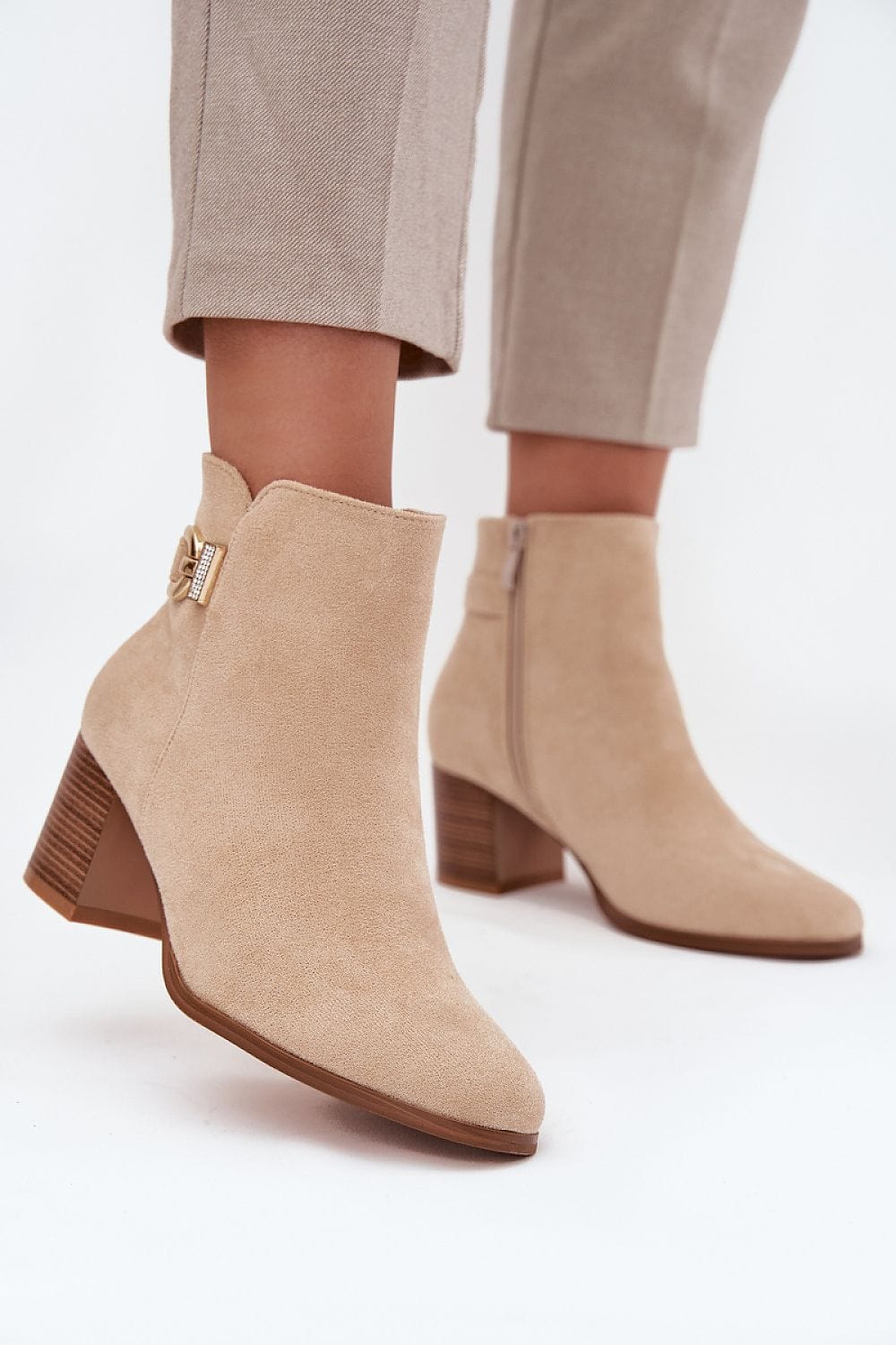Eco Suede Golden Detail Heel Boots Women - ShalayeFashion