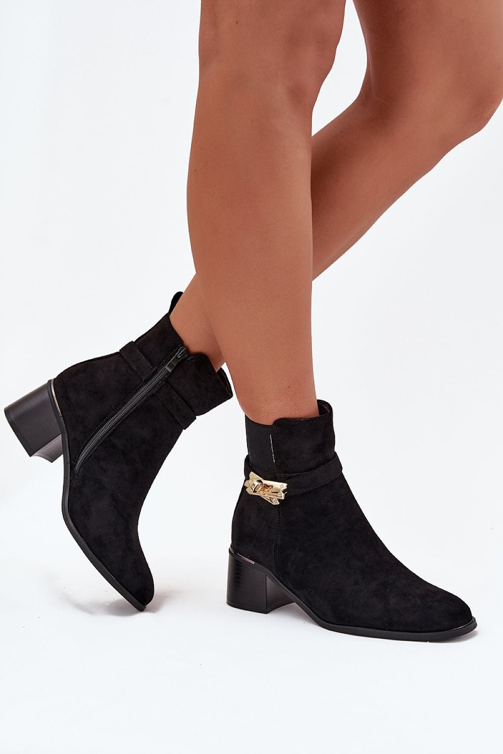 Eco Suede Heel Boots Women Golden Strap - ShalayeFashion