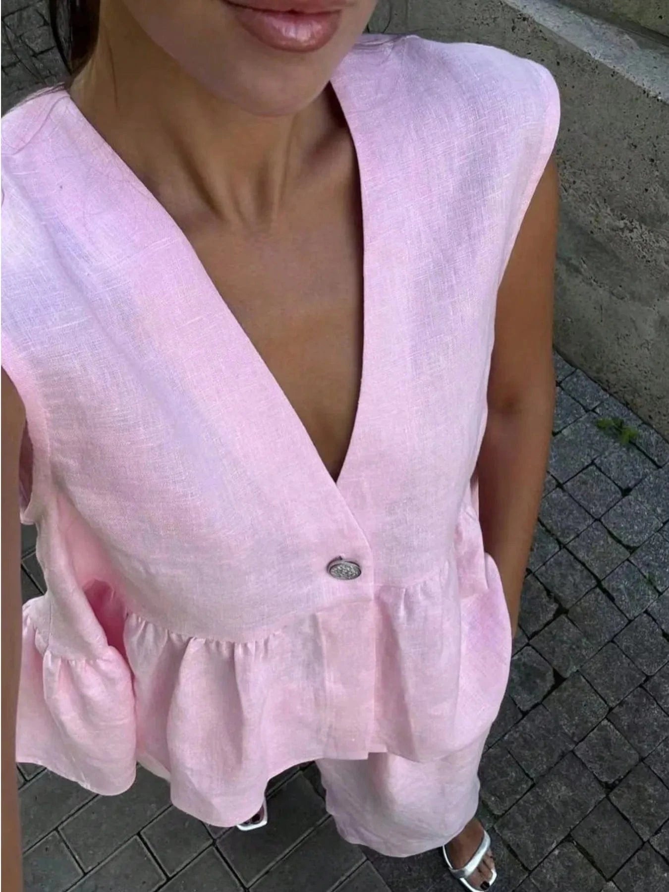 Elegant Button Down Peplum Vest & Pants Set - ShalayeFashion