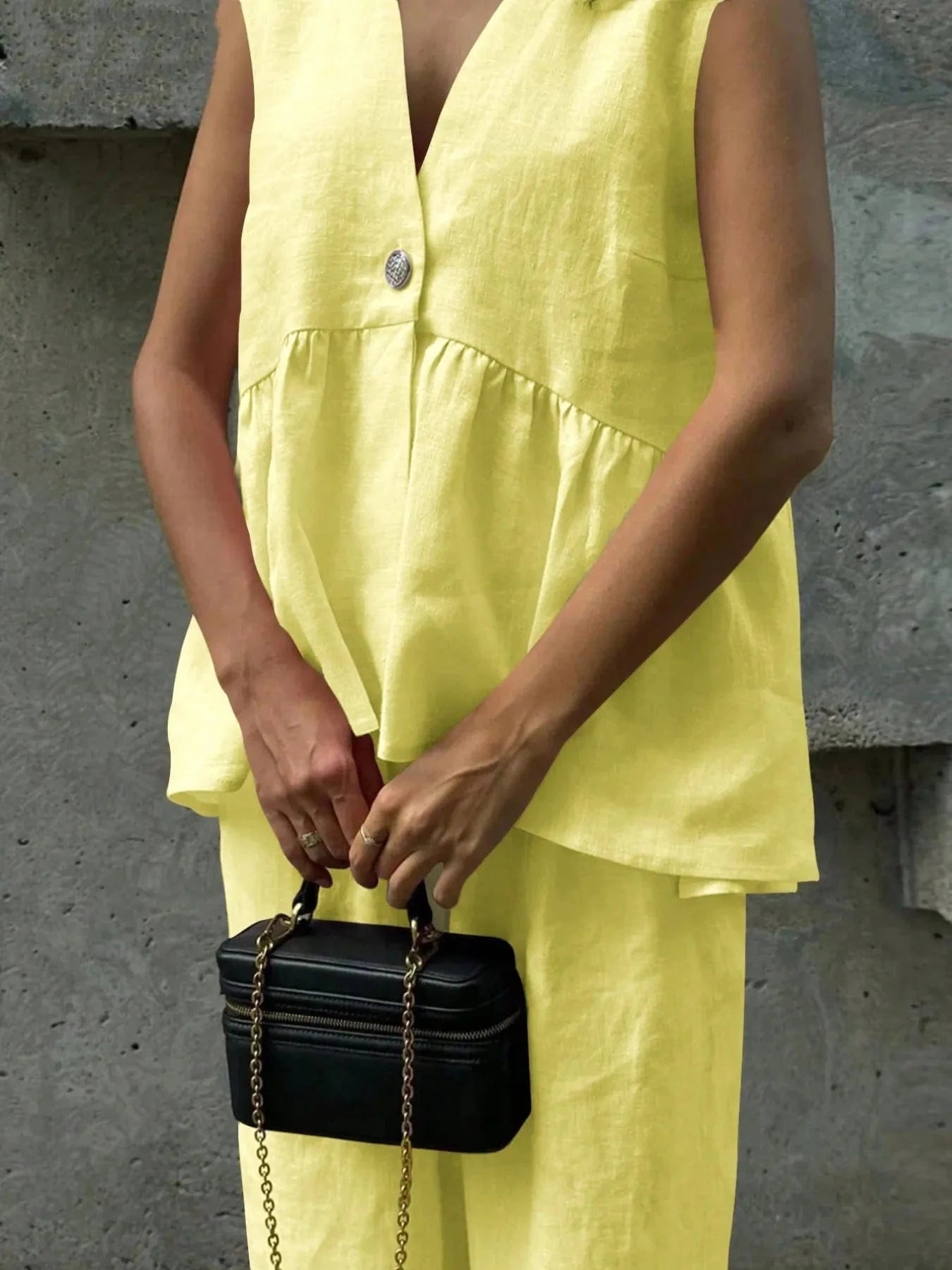 Elegant Button Down Peplum Vest & Pants Set - ShalayeFashion