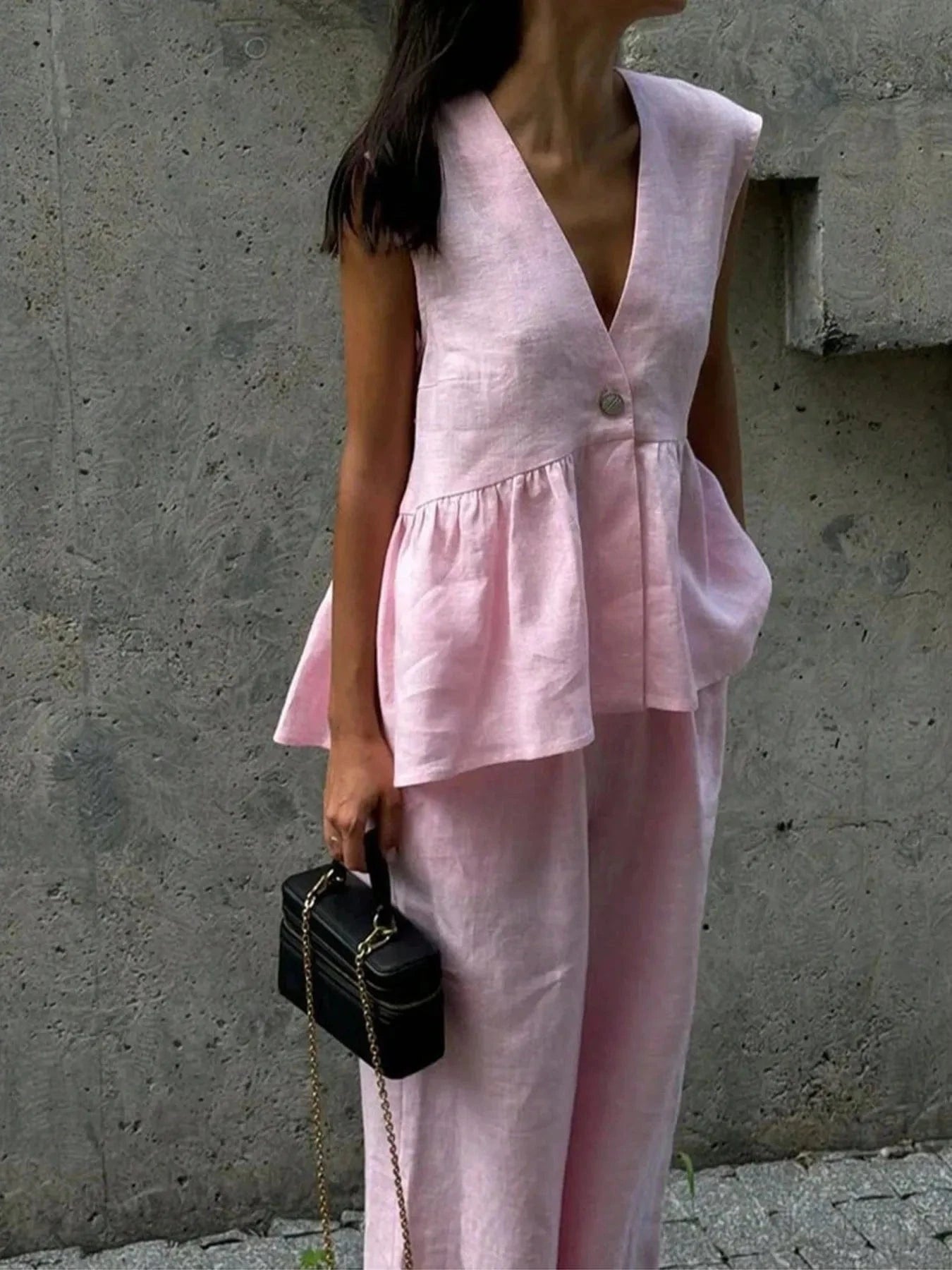 Elegant Button Down Peplum Vest & Pants Set - ShalayeFashion