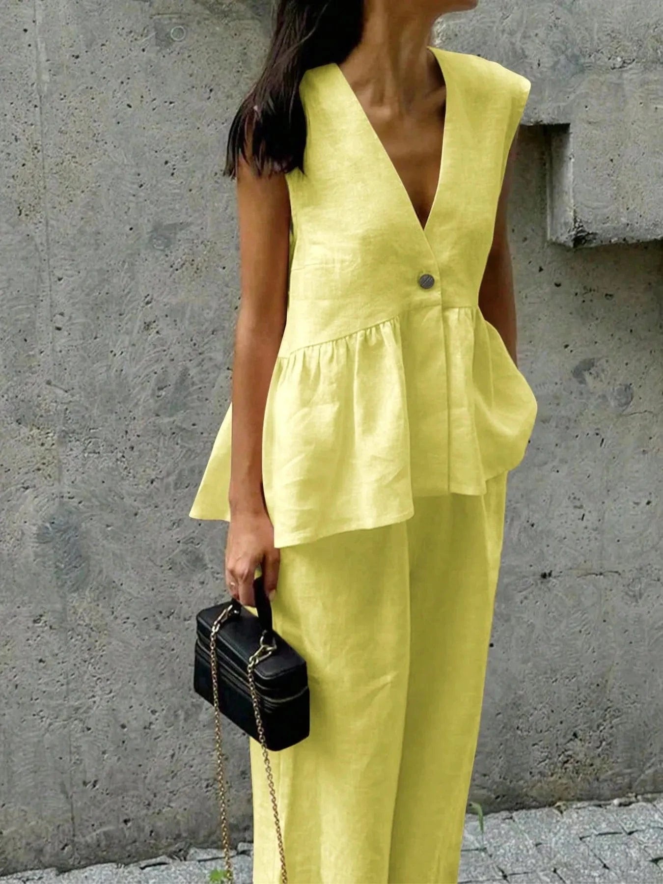 Elegant Button Down Peplum Vest & Pants Set - ShalayeFashion