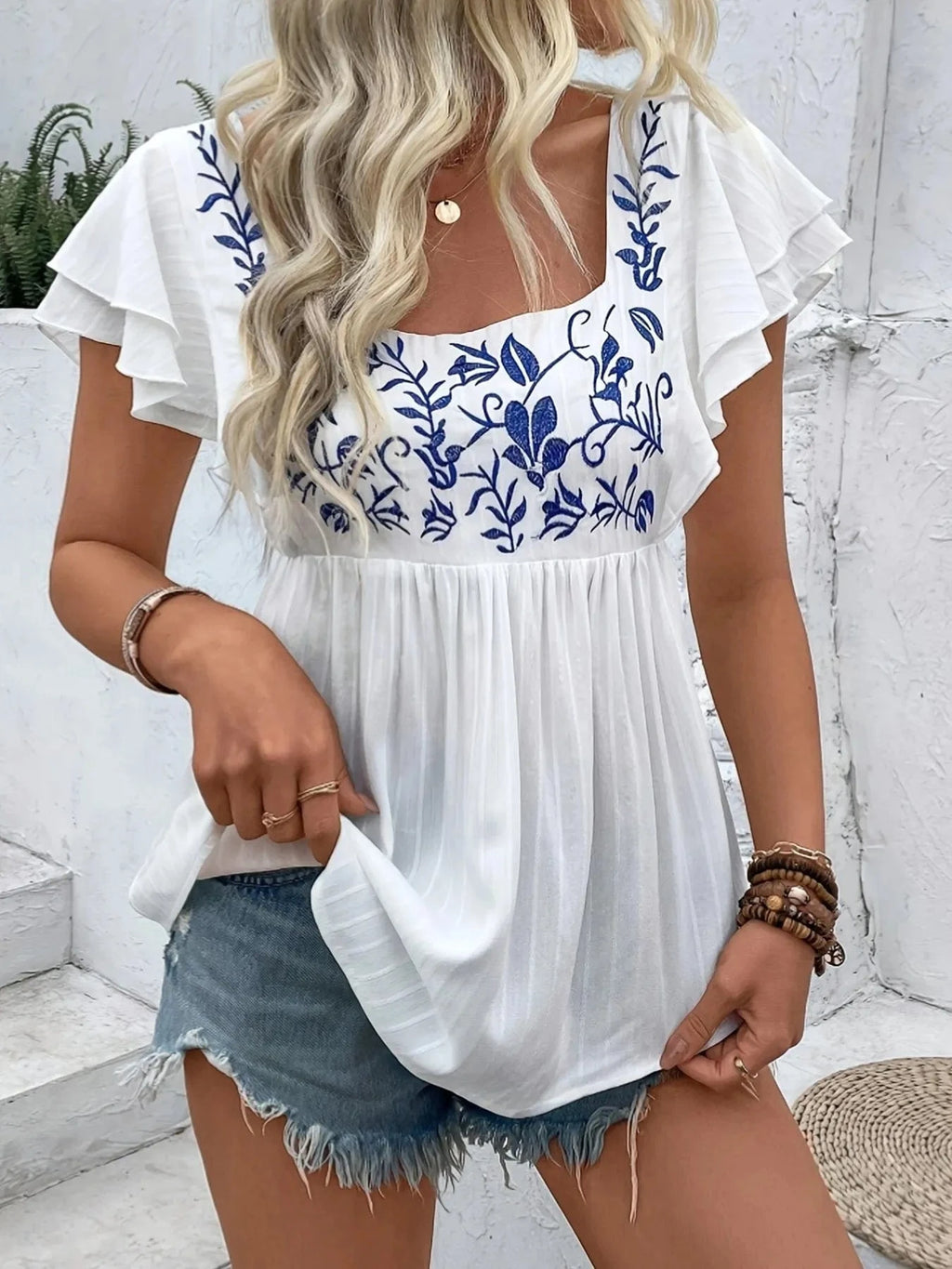 Embroidered Flutter Sleeve Blouse - ShalayeFashion