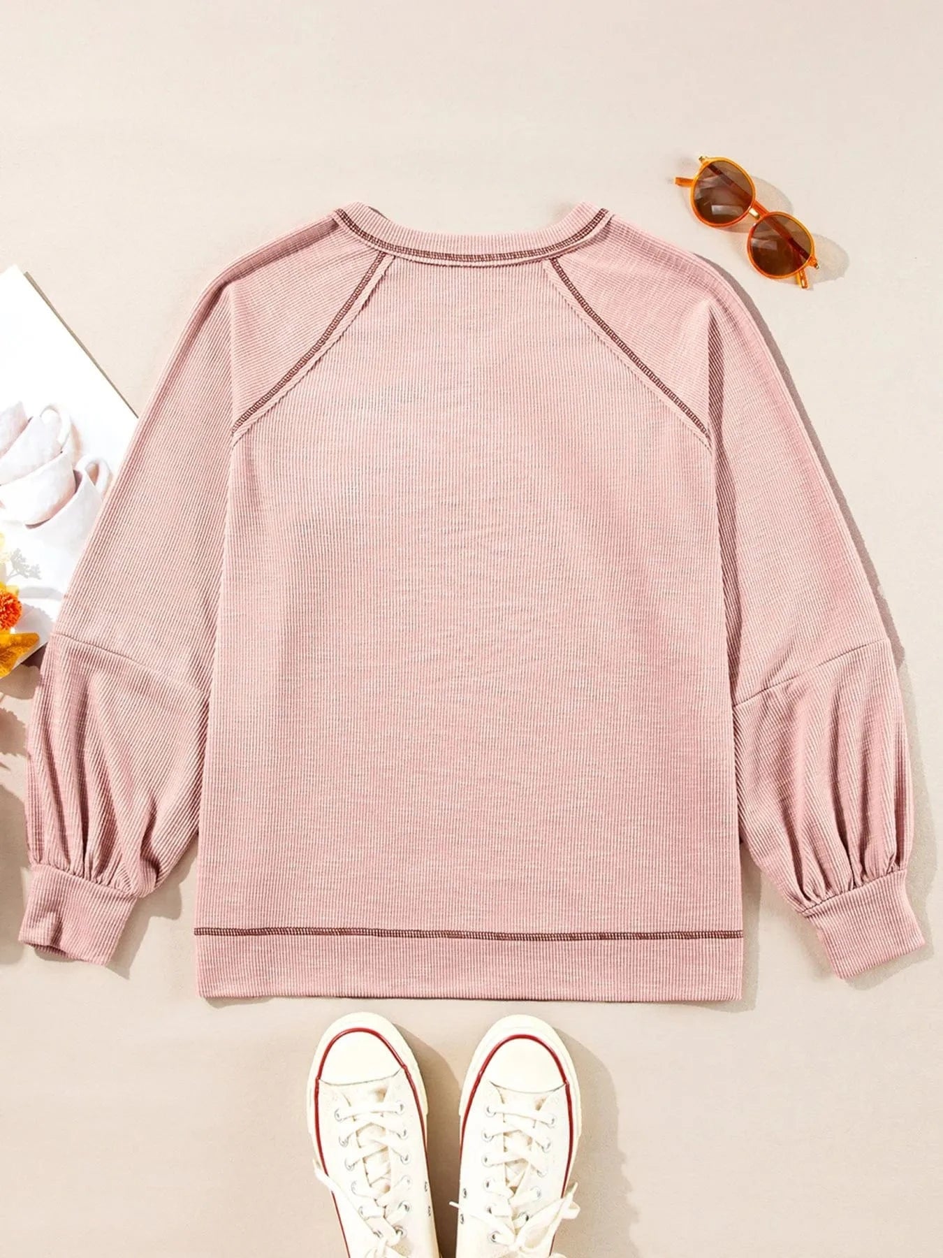 Exposed Seam Ribbed Knit V Neck Top - ShalayeFashion