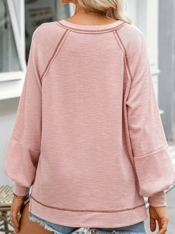 Exposed Seam Ribbed Knit V Neck Top - ShalayeFashion