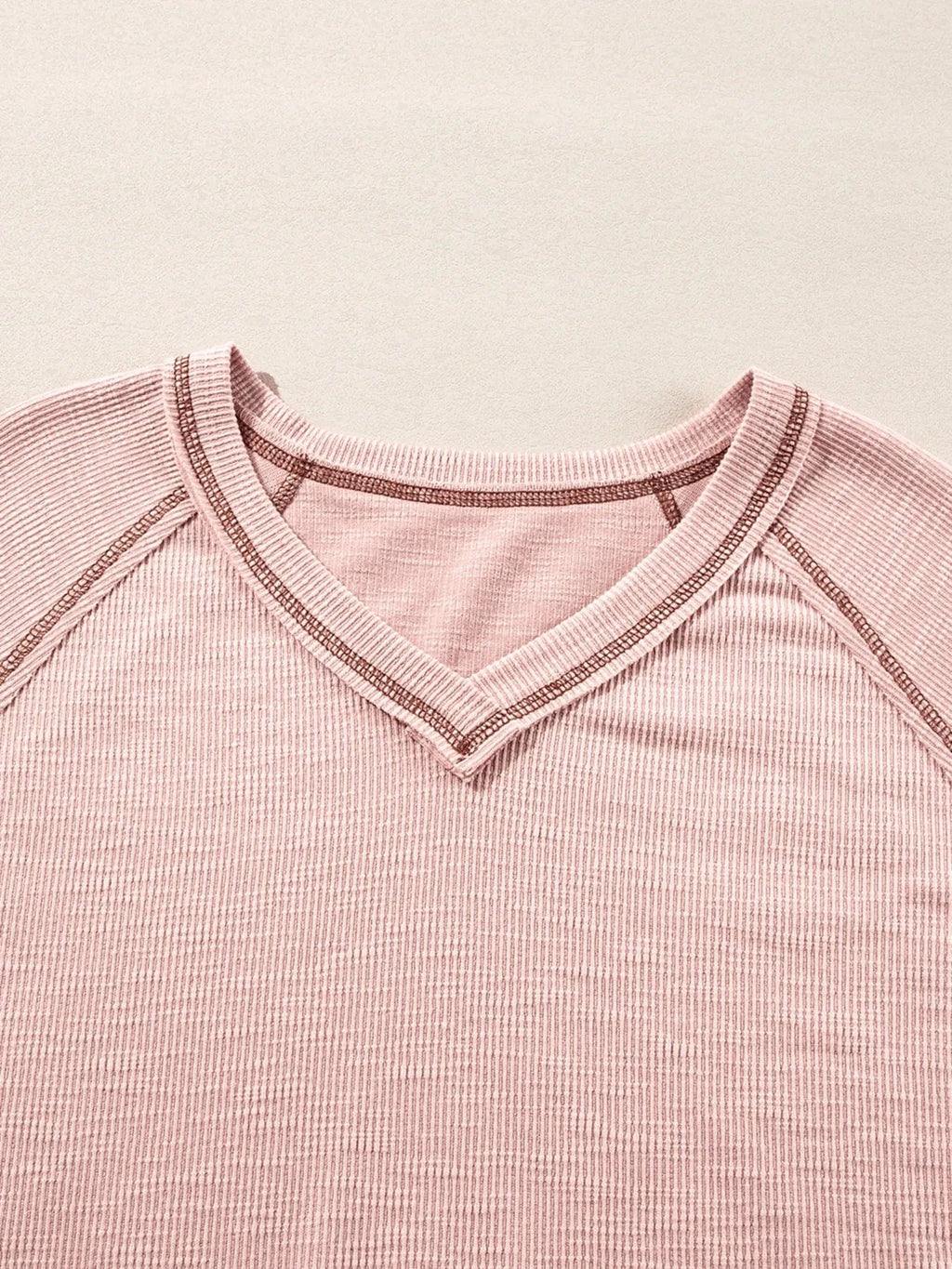 Exposed Seam Ribbed Knit V Neck Top - ShalayeFashion