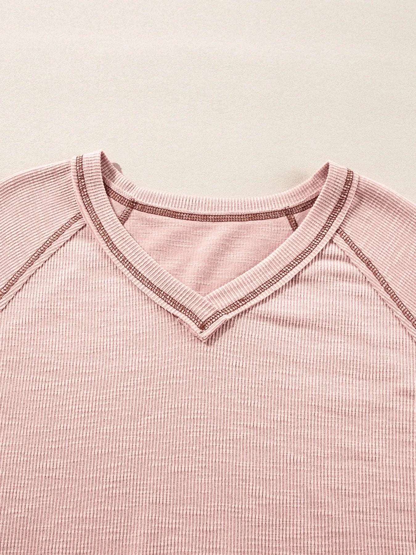 Exposed Seam Ribbed Knit V Neck Top - ShalayeFashion