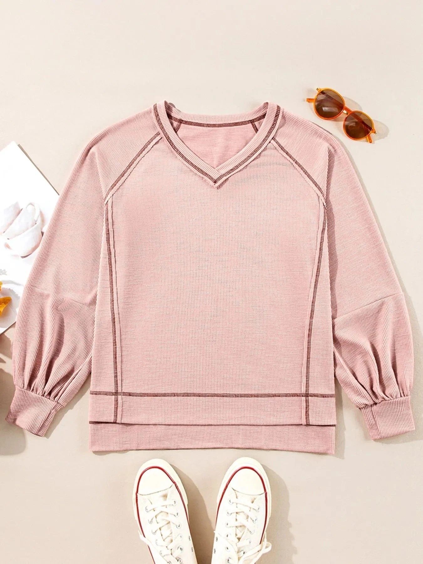 Exposed Seam Ribbed Knit V Neck Top - ShalayeFashion