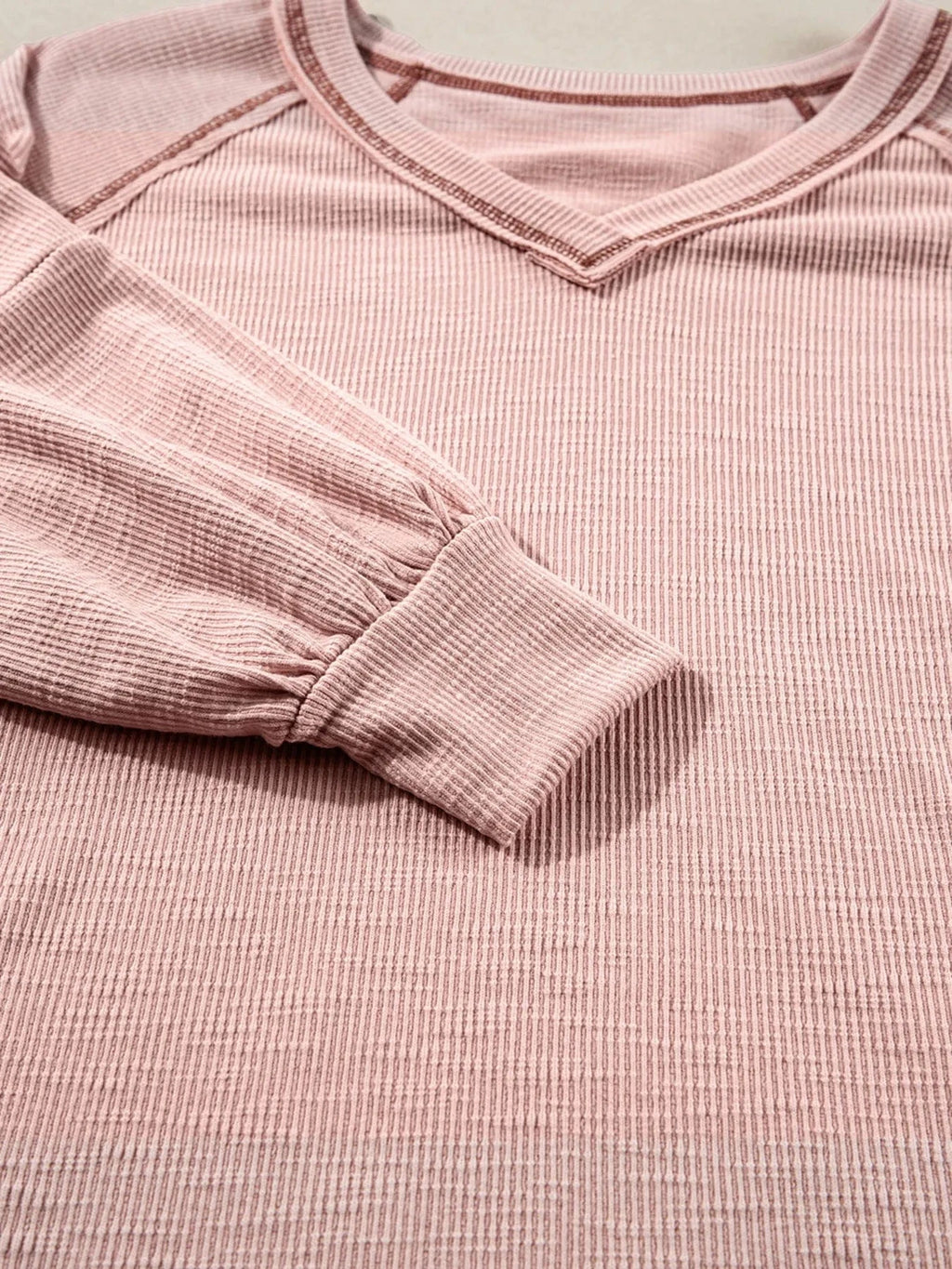Exposed Seam Ribbed Knit V Neck Top - ShalayeFashion