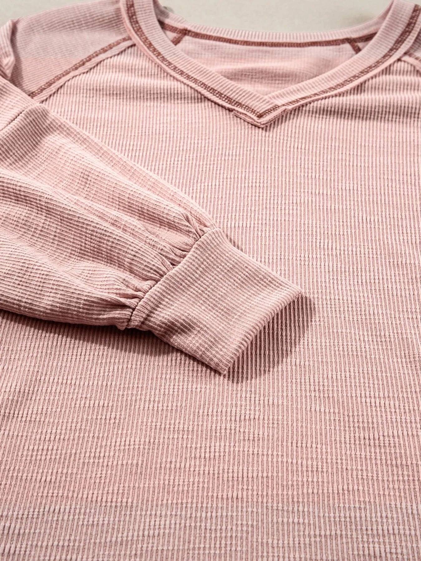 Exposed Seam Ribbed Knit V Neck Top - ShalayeFashion