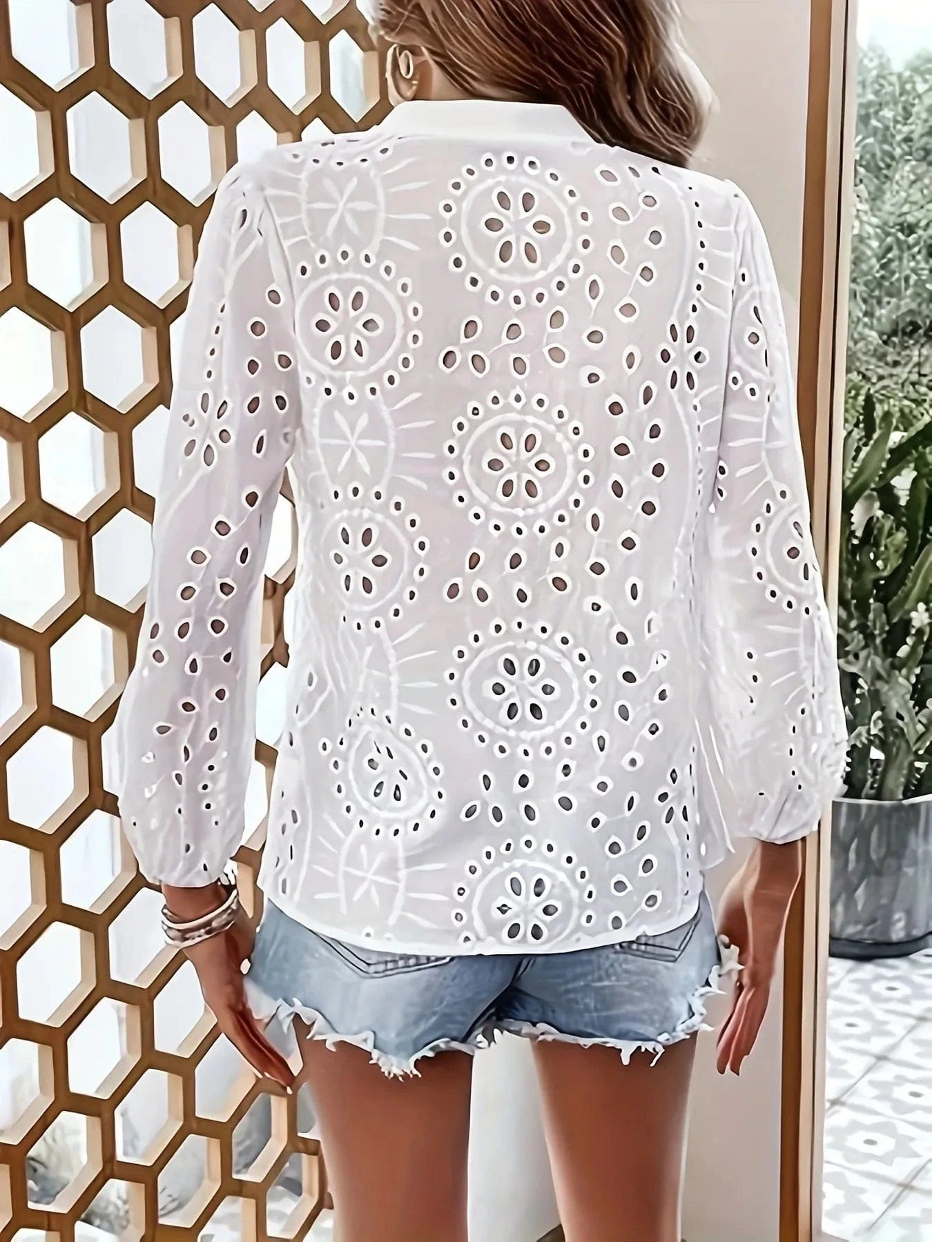 Eyelet Button Up Notched Shirt - ShalayeFashion