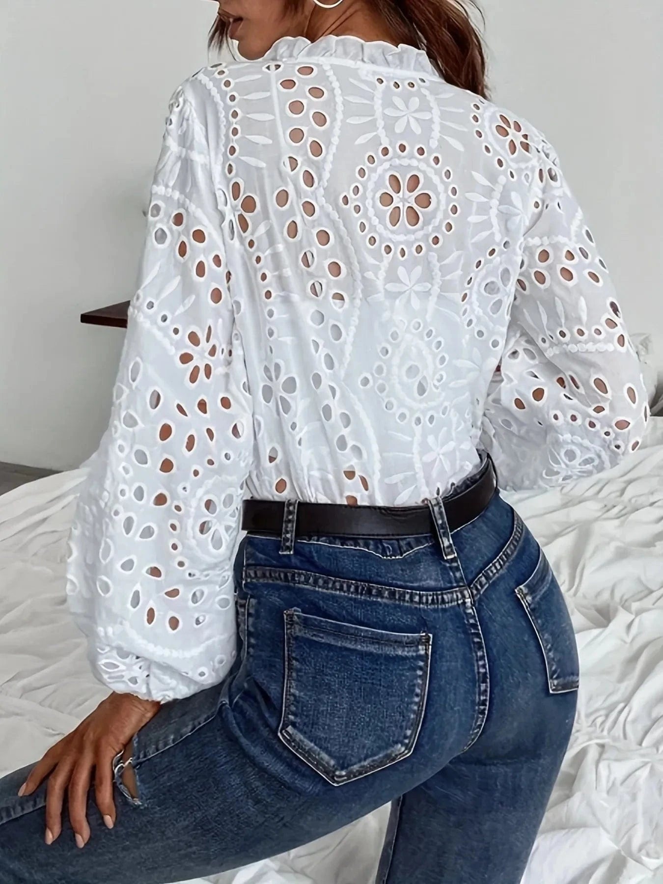 Eyelet Embroidered Button Front Shirt with Puffed Sleeves - ShalayeFashion
