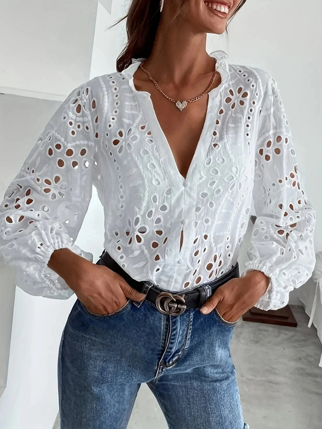 Eyelet Embroidered Button Front Shirt with Puffed Sleeves - ShalayeFashion