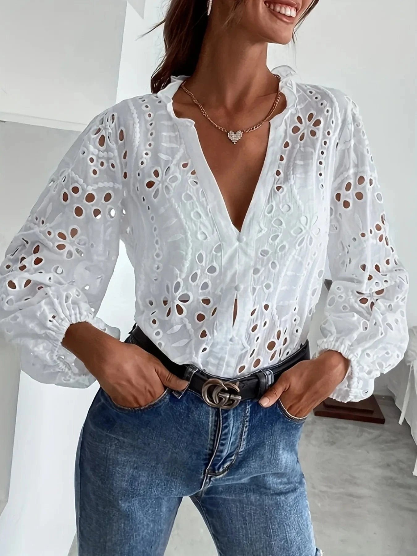 Eyelet Embroidered Button Front Shirt with Puffed Sleeves - ShalayeFashion