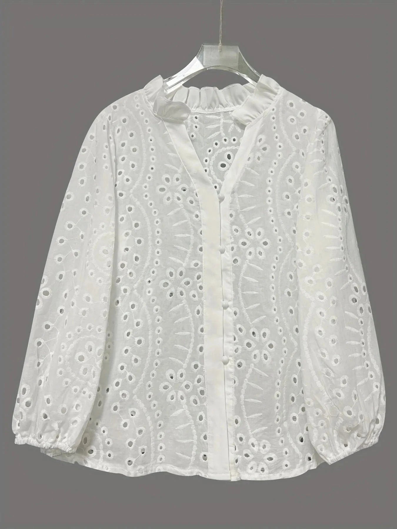 Eyelet Embroidered Button Front Shirt with Puffed Sleeves - ShalayeFashion