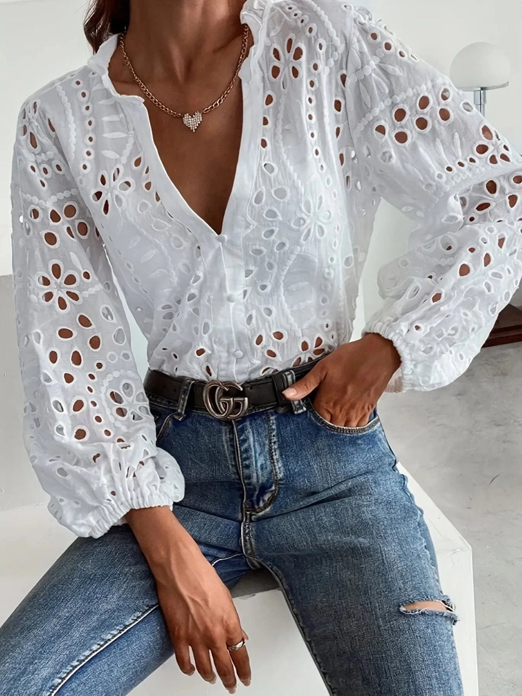 Eyelet Embroidered Button Front Shirt with Puffed Sleeves - ShalayeFashion