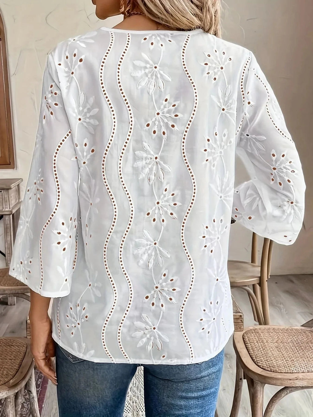 Eyelet Embroidered Notched Blouse - ShalayeFashion