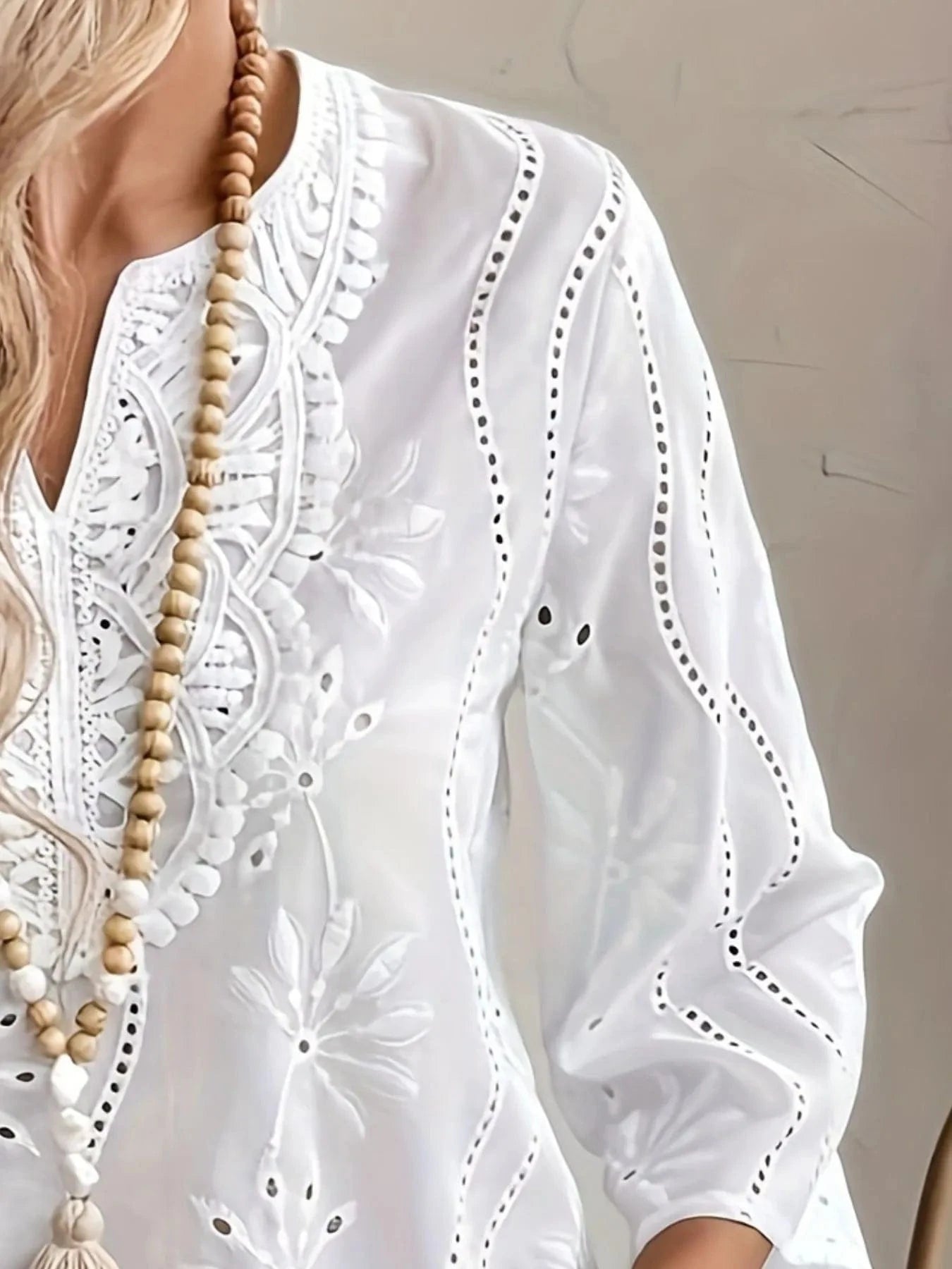 Eyelet Embroidered Notched Blouse - ShalayeFashion