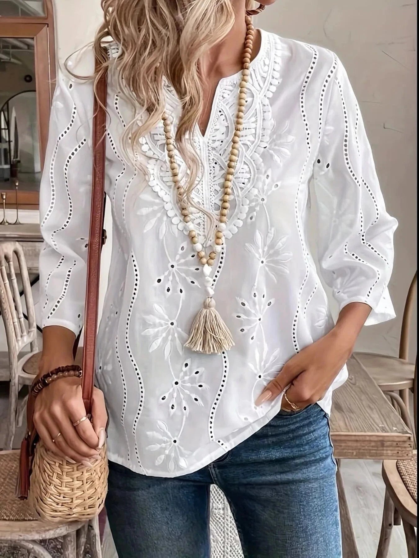 Eyelet Embroidered Notched Blouse - ShalayeFashion