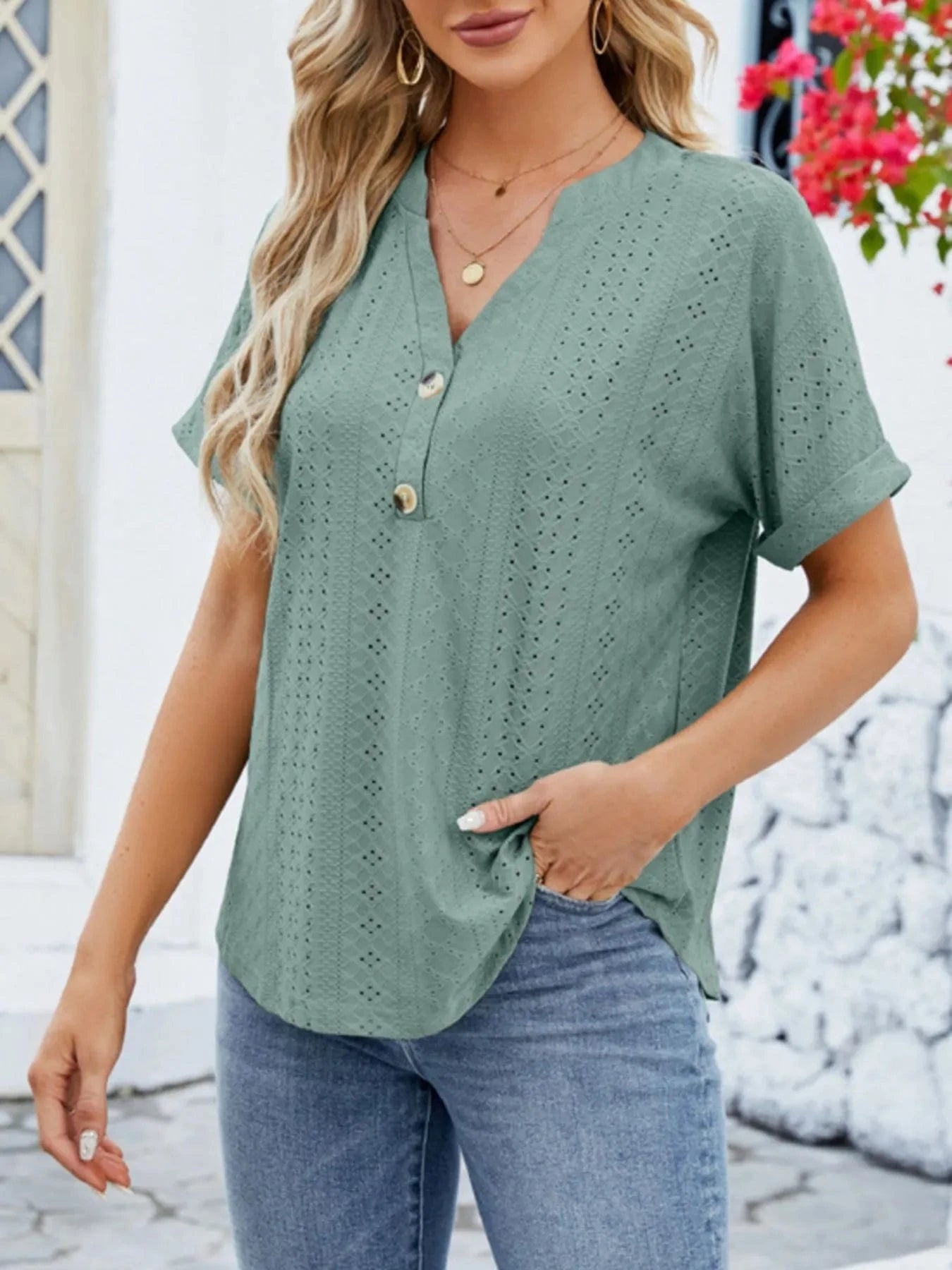 Eyelet Notched Short Sleeve Blouse - ShalayeFashion
