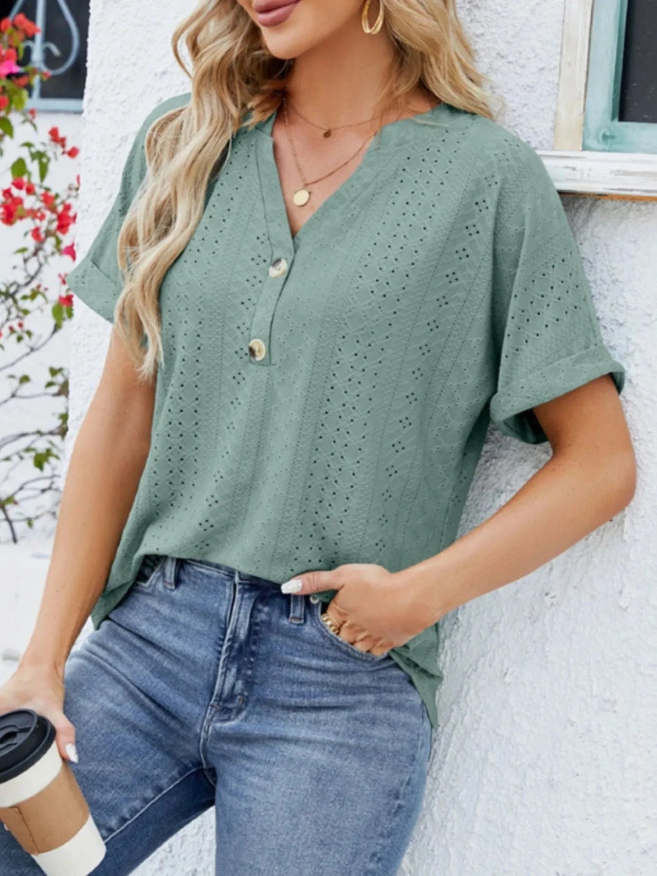 Eyelet Notched Short Sleeve Blouse - ShalayeFashion