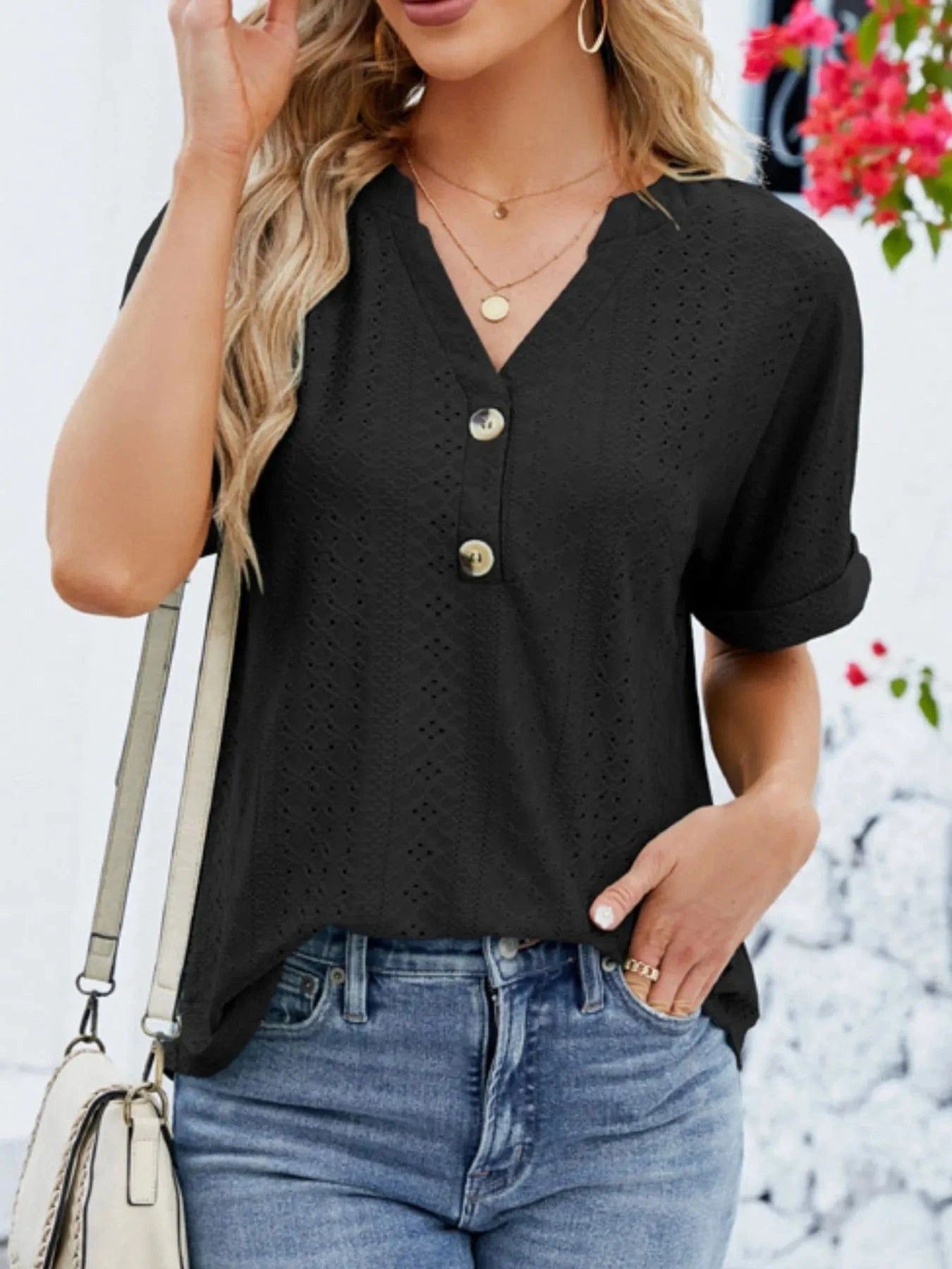Eyelet Notched Short Sleeve Blouse - ShalayeFashion