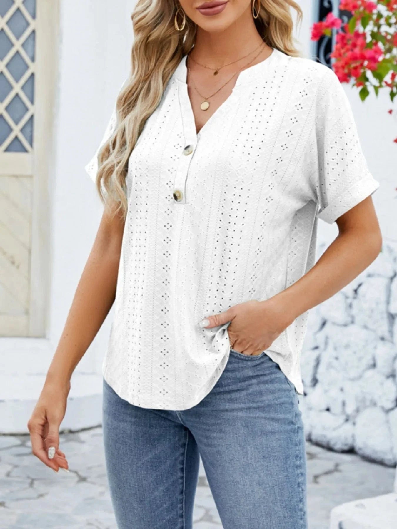 Eyelet Notched Short Sleeve Blouse - ShalayeFashion