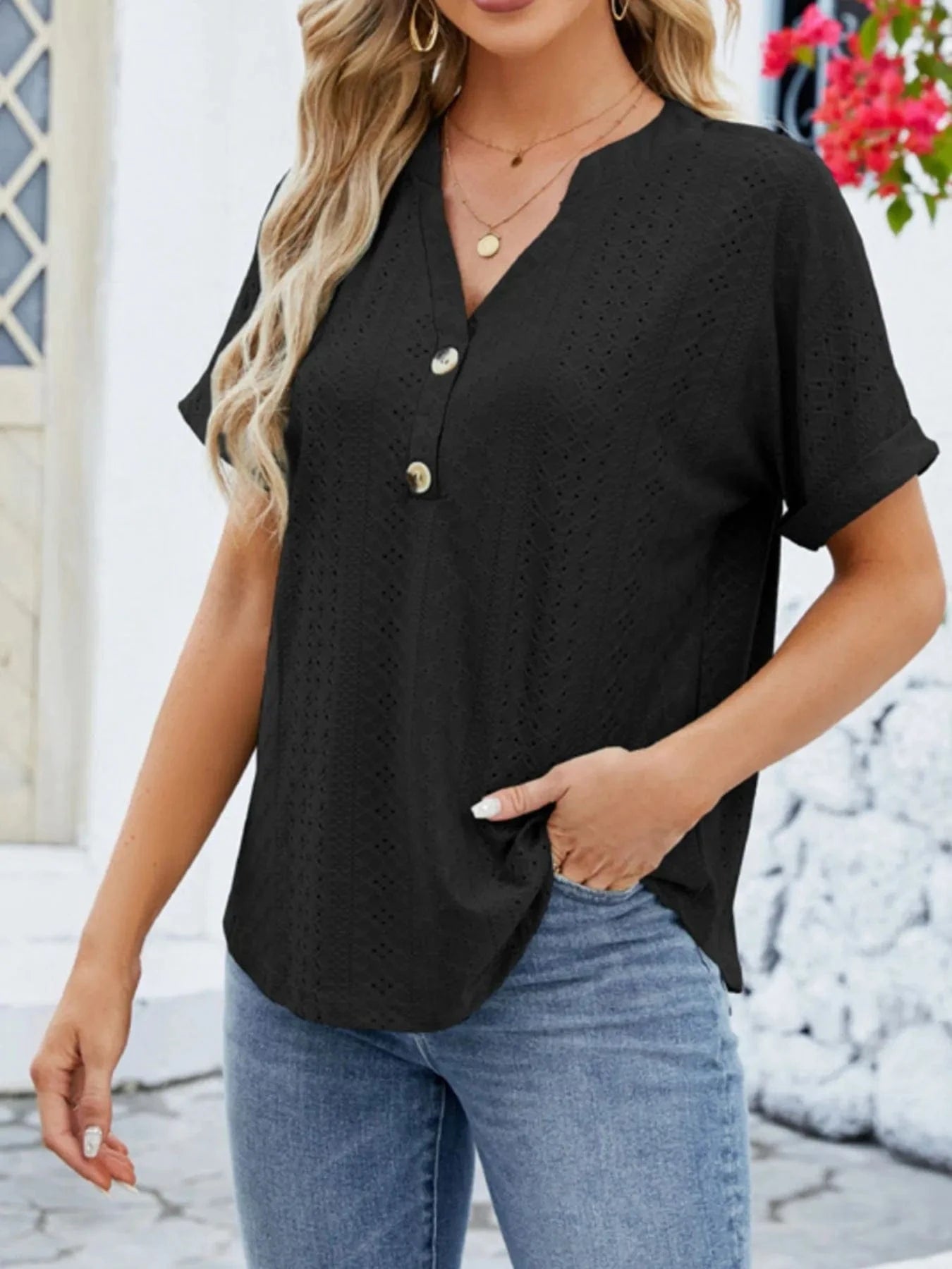 Eyelet Notched Short Sleeve Blouse - ShalayeFashion