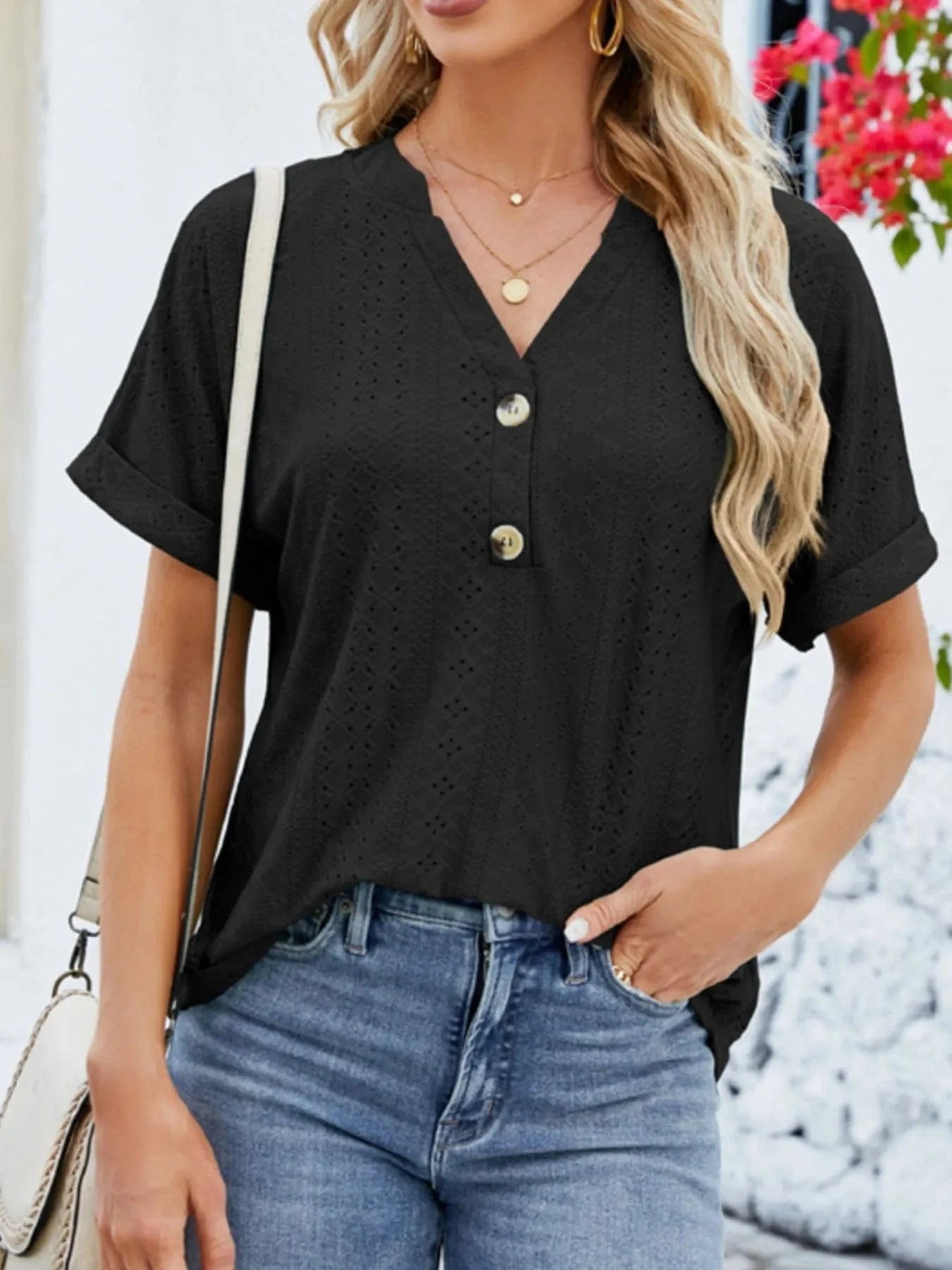Eyelet Notched Short Sleeve Blouse - ShalayeFashion