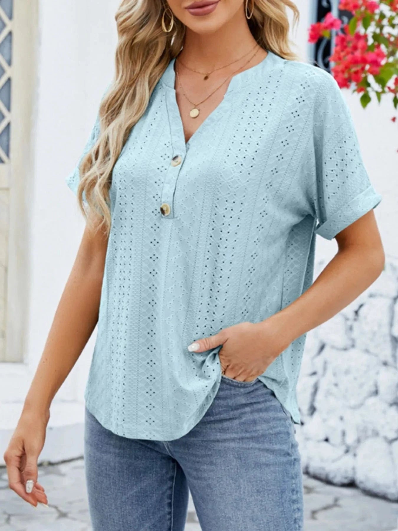 Eyelet Notched Short Sleeve Blouse - ShalayeFashion