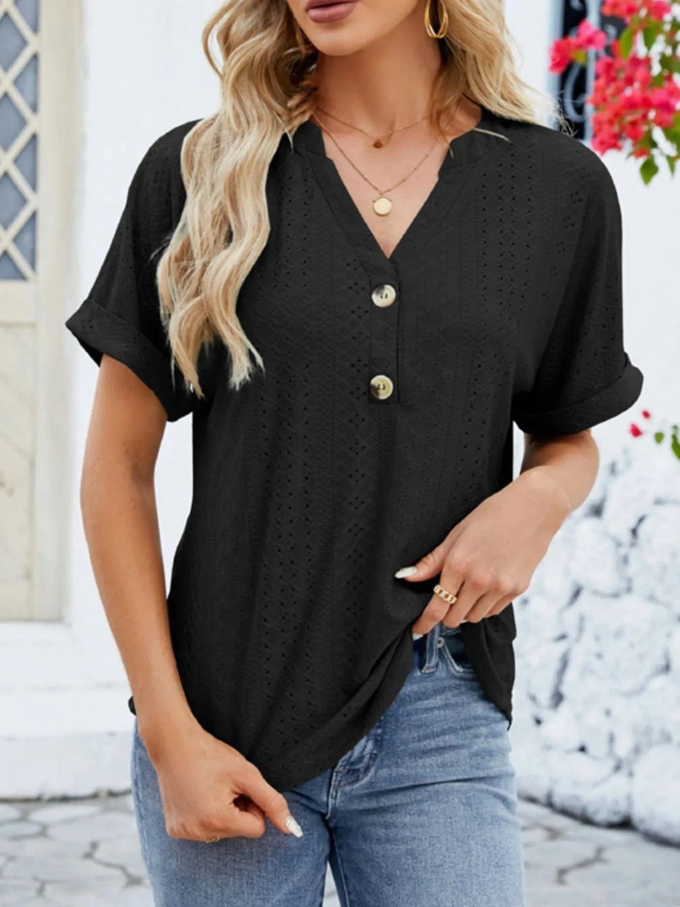 Eyelet Notched Short Sleeve Blouse - ShalayeFashion