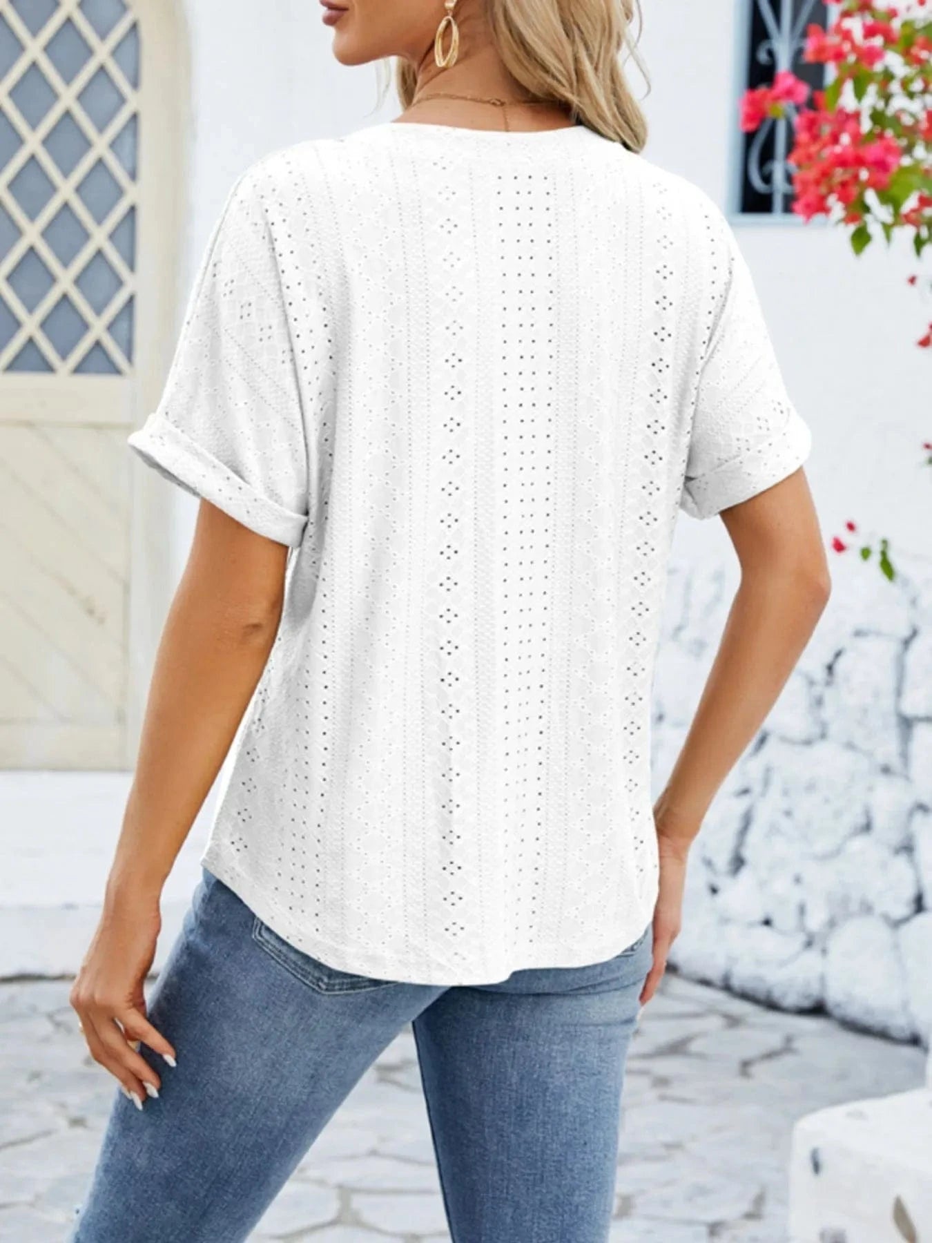 Eyelet Notched Short Sleeve Blouse - ShalayeFashion