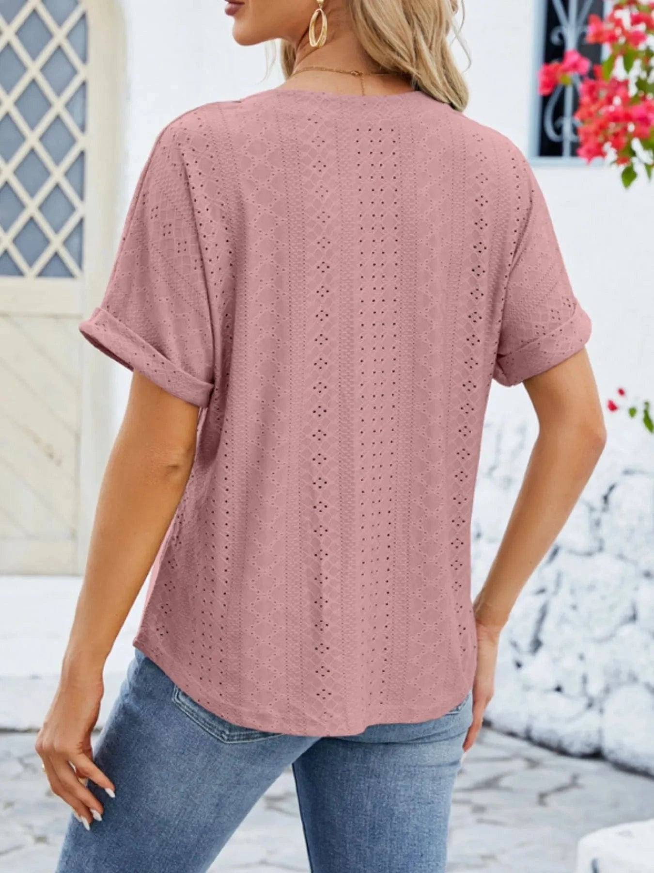 Eyelet Notched Short Sleeve Blouse - ShalayeFashion