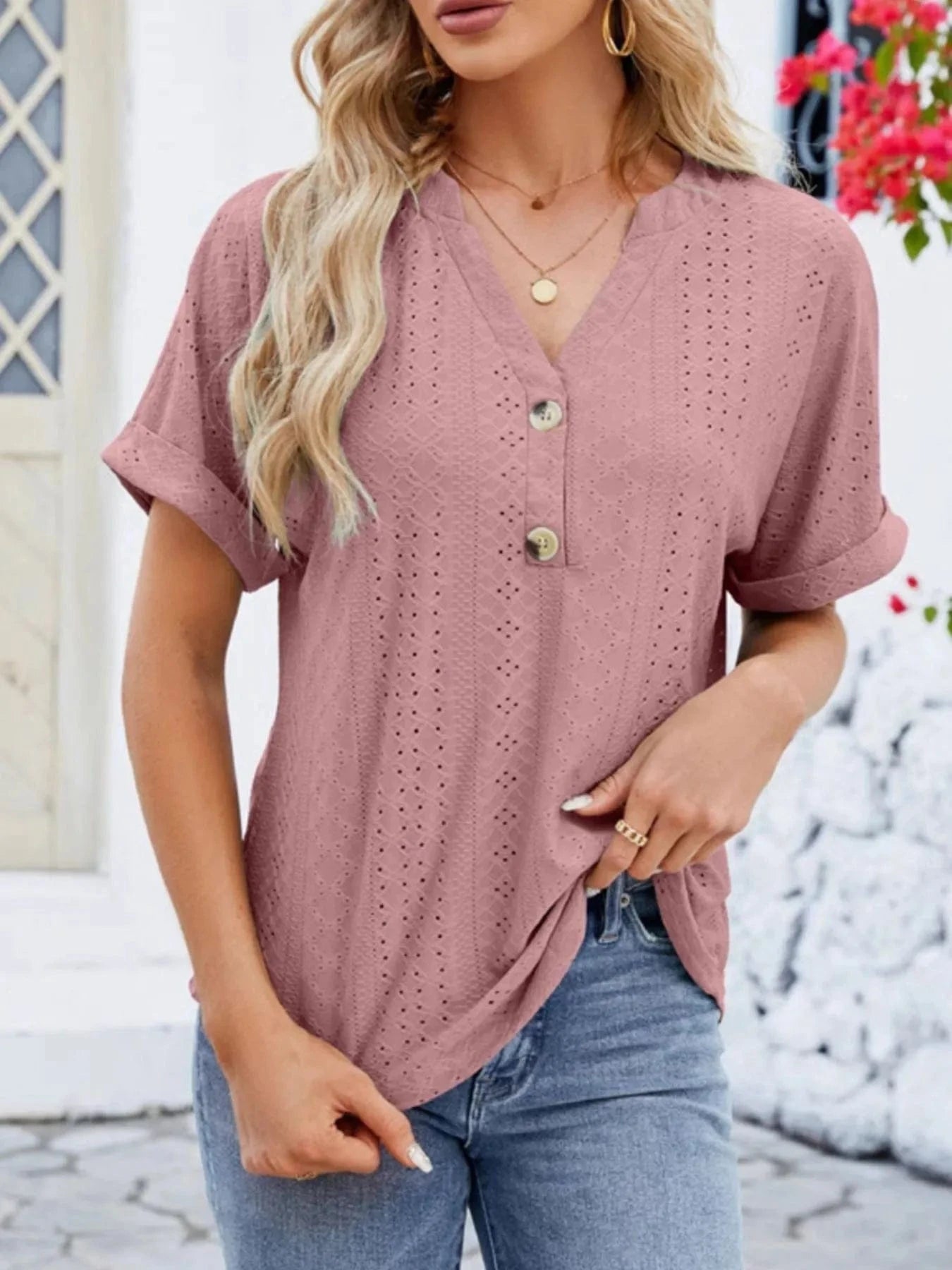 Eyelet Notched Short Sleeve Blouse - ShalayeFashion