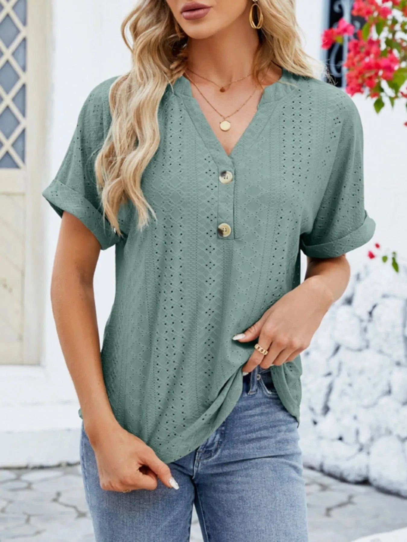 Eyelet Notched Short Sleeve Blouse - ShalayeFashion