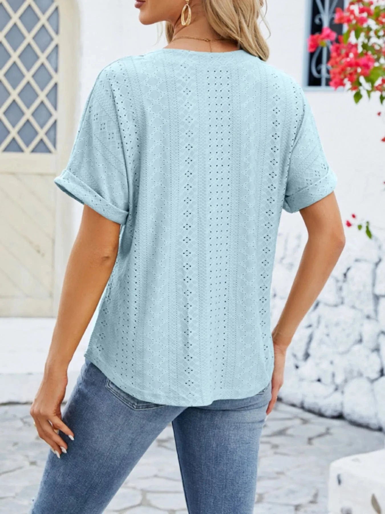 Eyelet Notched Short Sleeve Blouse - ShalayeFashion