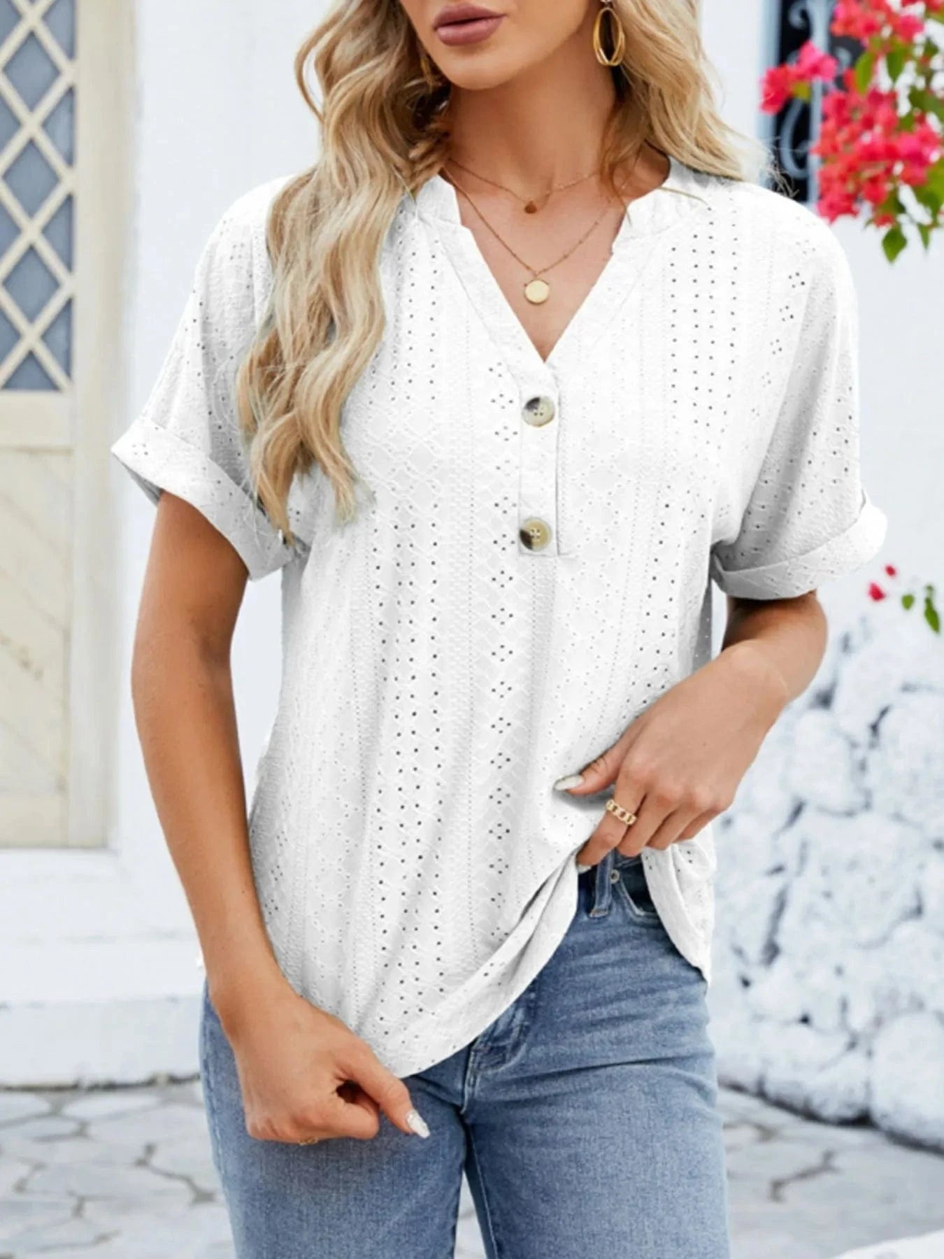 Eyelet Notched Short Sleeve Blouse - ShalayeFashion