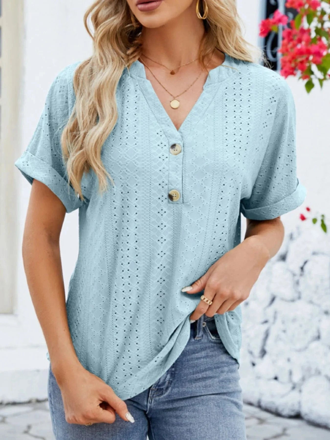 Eyelet Notched Short Sleeve Blouse - ShalayeFashion