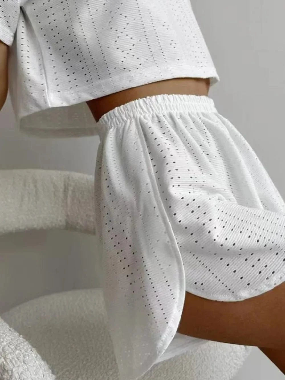 Eyelet Round Neck Top and Shorts Set - ShalayeFashion