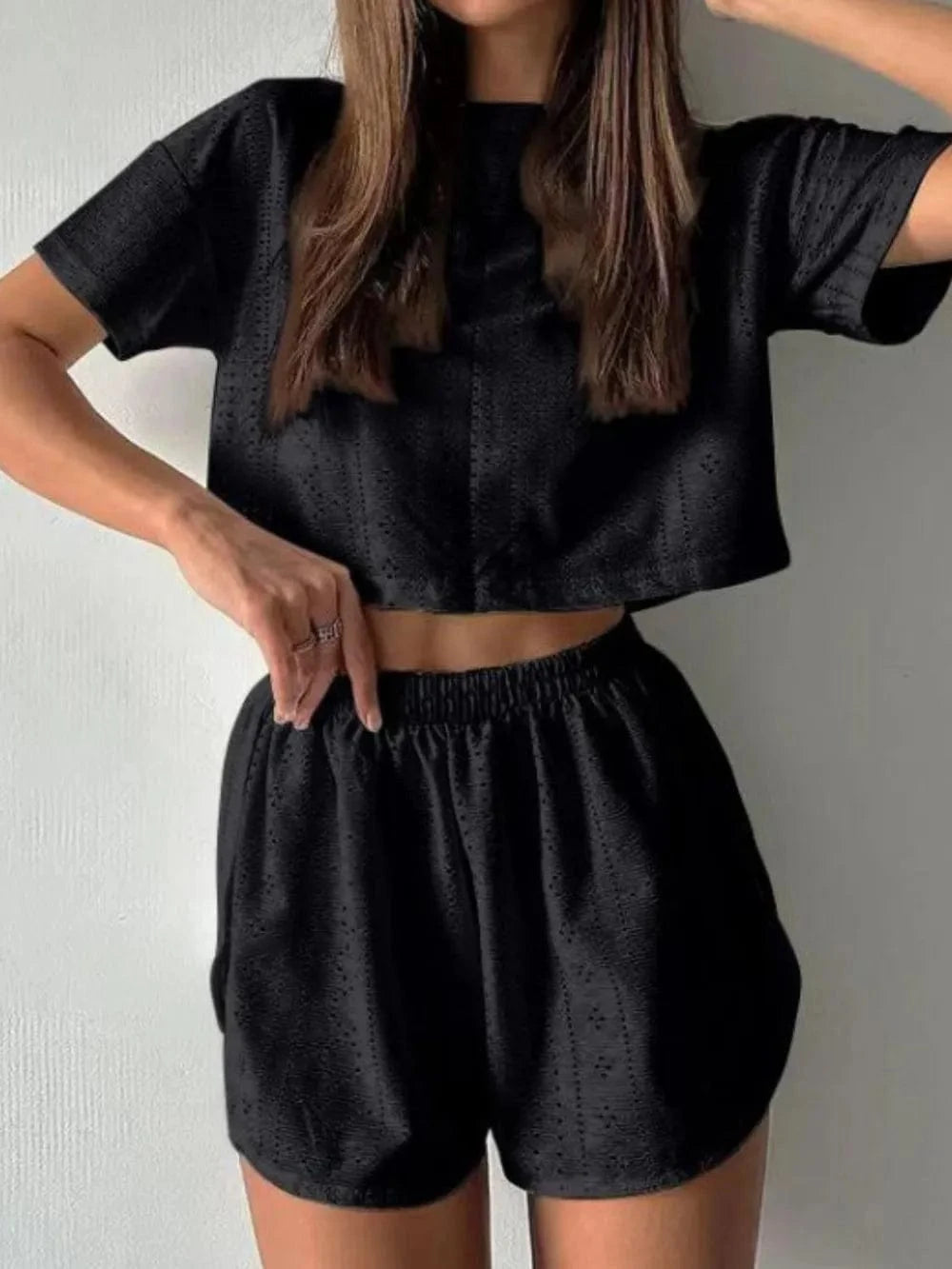 Eyelet Round Neck Top and Shorts Set - ShalayeFashion